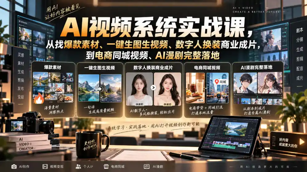 AI视频系统实战课，从找爆款素材、一键生图生视频、数字人换装商业成片，到电商同城视频、AI漫剧完整落地-大师兄轻创