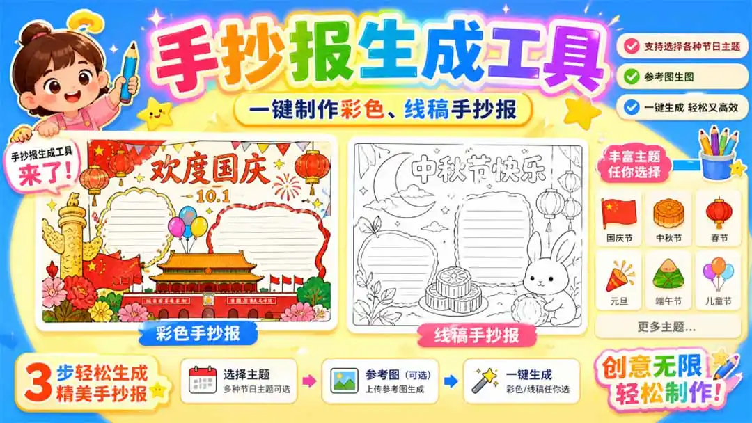 手抄报批量生成工具来了，完全免费，告别豆包生图，这个高清无水印;大师兄轻创