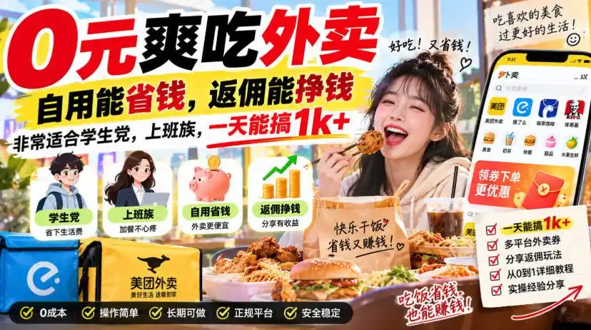 0元爽吃外卖，自用能省钱，返佣能挣钱，非常适合学生党，上班族，一天能搞1k+-大师兄轻创