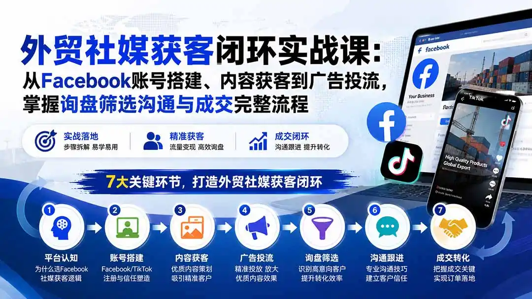 外贸社媒获客闭环实战课:从Facebook账号搭建、内容获客到广告投流,掌握询盘筛选沟通与成交完整流程-大师兄轻创