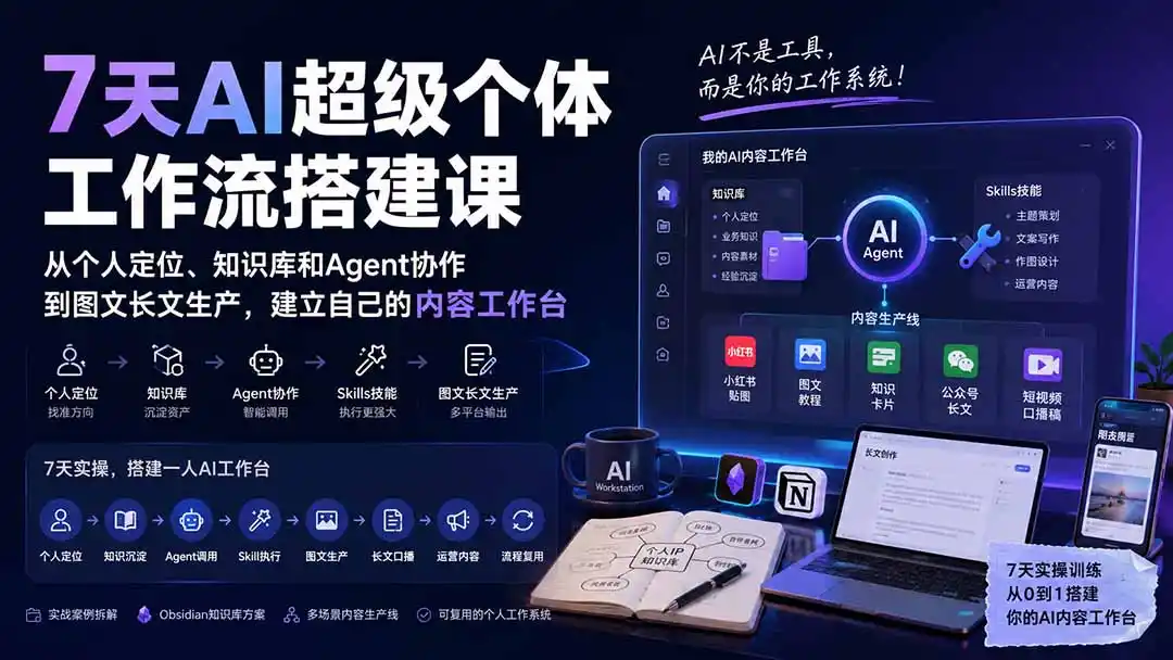 7天AI超级个体工作流搭建课:从个人定位、知识库和Agent协作到图文长文生产,建立自己的内容工作台-大师兄轻创