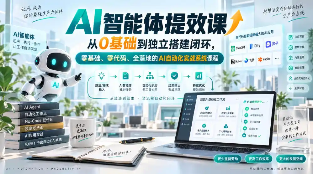 AI智能体提效课，从0基础到独立搭建闭环，零基础、零代码、全落地的AI自动化实战系统课程;大师兄轻创