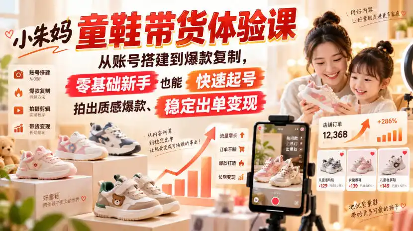 小朱妈童鞋带货体验课，从账号搭建到爆款复制，零基础新手也能快速起号、拍出质感爆款、稳定出单变现;大师兄轻创