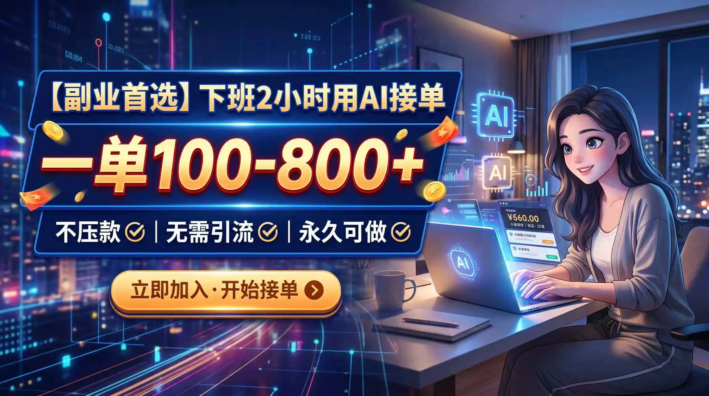 下班2小时用AI接单，一单100-800+，不压款，无需引流，永久可做-大师兄轻创