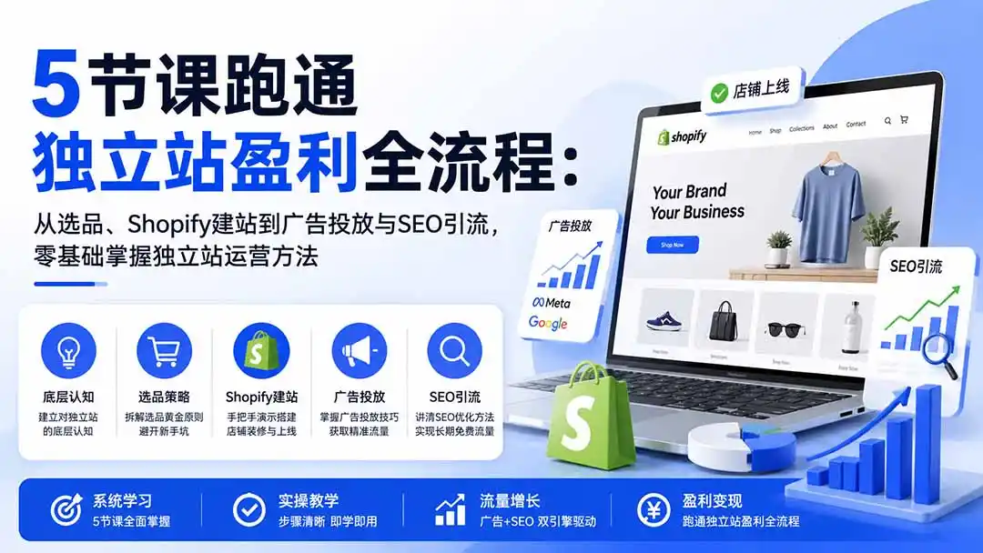 5节课跑通独立站盈利全流程:从选品、Shopify建站到广告投放与SEO引流,零基础掌握独立站运营方法-大师兄轻创