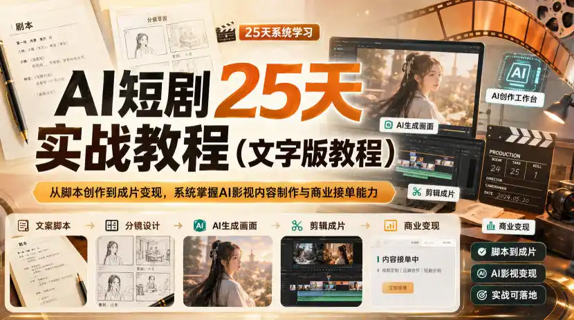 AI短剧25天实战教程(文字版教程),从脚本创作到成片变现,系统掌握AI影视内容制作与商业接单能力-大师兄轻创