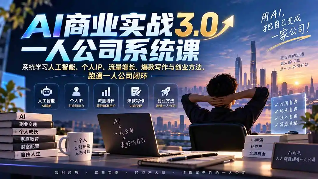 AI商业实战3.0一人公司系统课:系统学习人工智能、个人IP、流量增长、爆款写作与创业方法,跑通一人公司闭环-大师兄轻创