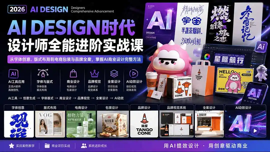 2026AI DESIGN时代设计师全能进阶实战课:从字体创意、版式布局到电商包装与品牌全案,掌握AI商业设计完整方法-大师兄轻创