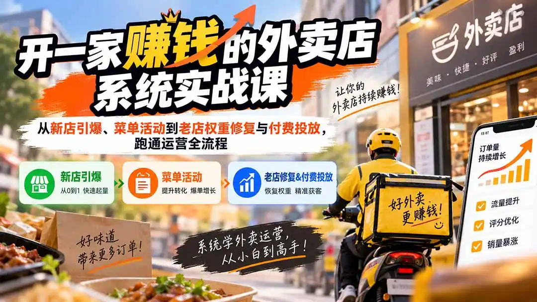开一家赚钱的外卖店系统实战课：从新店引爆、菜单活动到老店权重修复与付费投放，跑通运营全流程-大师兄轻创