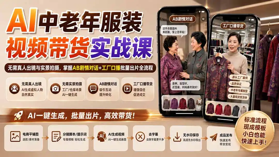 AI中老年服装视频带货实战课:无需真人出镜与实景拍摄,掌握AB剧情对话+工厂口播批量出片全流程-大师兄轻创