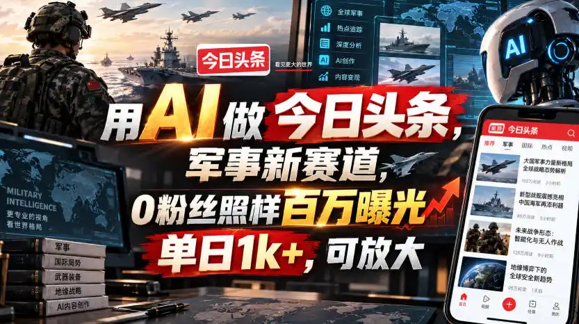 用AI做今日头条,军事新赛道,0粉丝照样百万曝光,单日1k+,可放大-大师兄轻创