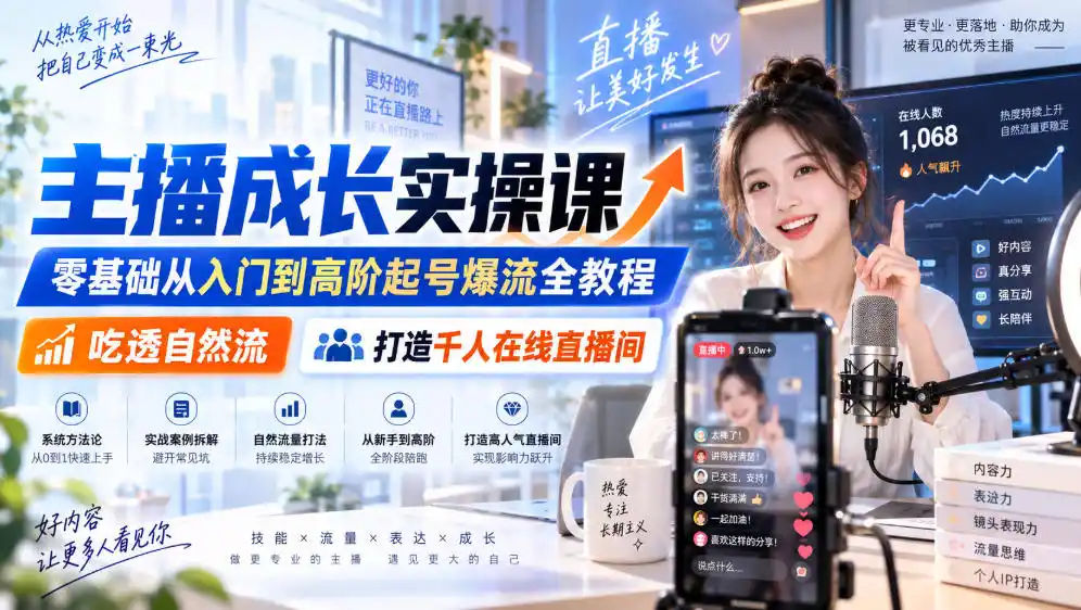 主播成长实操课|零基础从入门到高阶起号爆流全教程,吃透自然流,打造千人在线直播间-大师兄轻创