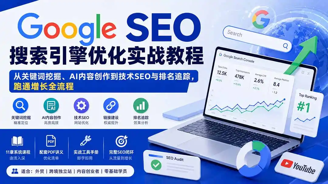 Google SEO搜索引擎优化实战教程:从关键词挖掘、AI内容创作到技术SEO与排名追踪,跑通增长全流程-大师兄轻创